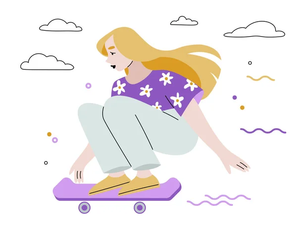 Girl Rides Skateboard Hand Drawn Vector Illustration Isolated White Background — Image vectorielle