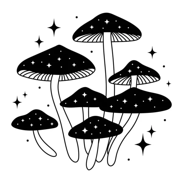 Celestial mushrooms. Composition with mushrooms and stars. Esoteric clipart. Hand drawn vector illustration. Black and white.