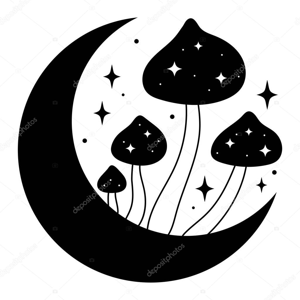 Celestial mushrooms. Composition with mushrooms, moon and stars. Esoteric clipart. Hand drawn vector illustration. Black and white.