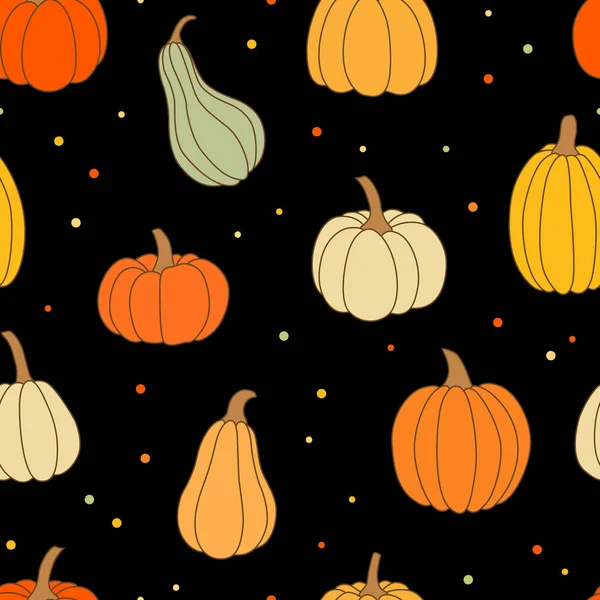 Seamless Pattern Colorful Pumpkins Black Background Hand Drawn Vector Illustration — Stock Vector