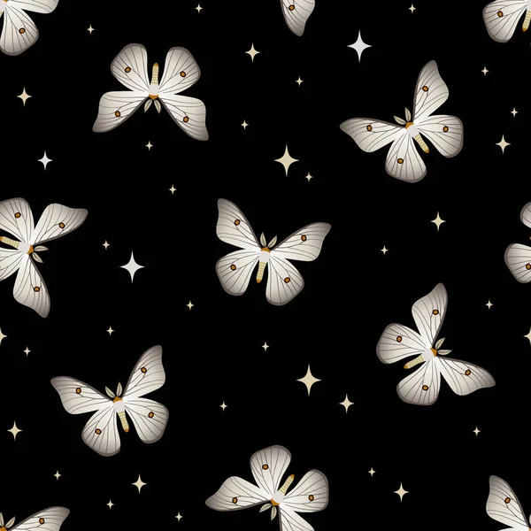 Απρόσκοπτη Μοτίβο Λευκές Πεταλούδες Σκούρο Φόντο Ουράνιο Υπόβαθρο Υφή Εκτύπωσης — Διανυσματικό Αρχείο