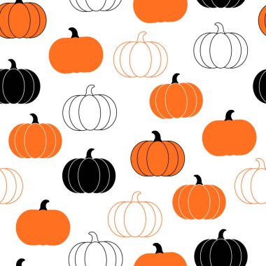 Balkabaklarıyla kusursuz desen. Renkli sonbahar arkaplanı. Yazdırma, tekstil, kumaş, ambalaj için vektör dokusu.