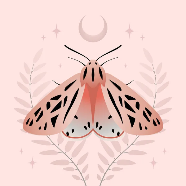 Ουράνια Ροζ Πεταλούδα Σύγχρονη Εικονογράφηση Πεταλούδα Φεγγάρι Και Φύλλα Μποέμικη — Διανυσματικό Αρχείο