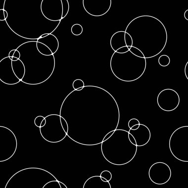 Siyah arkaplanda beyaz baloncuklar olan kusursuz bir desen. Soyut vektör çizimi. Yazdırma, tekstil, kumaş, ambalaj.