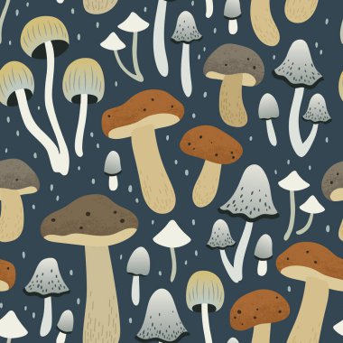 Mantarlı kusursuz desen. Sonbahar arkaplanı. Parmak izi, tekstil ve kumaş için el yapımı doku. Vektör illüstrasyonu. 