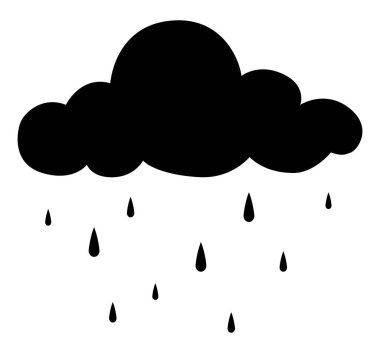 Vektör yağmuru çizimi. Çocuk odası dekoru. Beyaz arka planda siyah elementler var. Bulut ve damlalar. Düz stil yağmur simgesi.