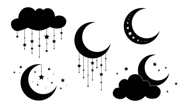 Mond Und Wolkenuntergang Nachthimmel Symbole Der Nacht Vektorillustration Isoliertes Objekt — Stockvektor