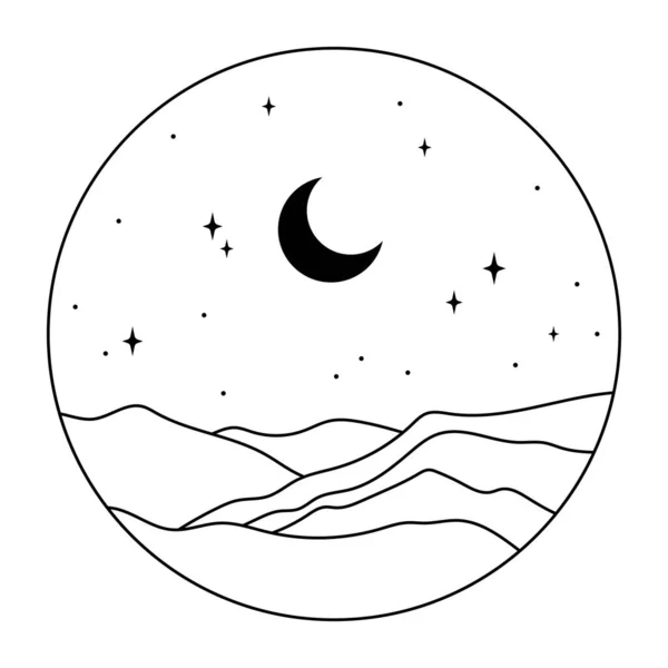 Abstrakte Landschaft Mond Und Sterne Handgezeichnetes Vektorsymbol Linienkunst — Stockvektor