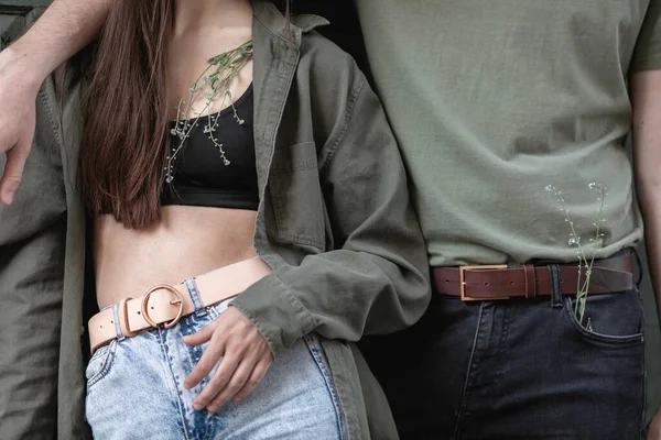 Close Portrait Couple Men Woman Fashion Leather Belts Jeans Casual — Foto de Stock