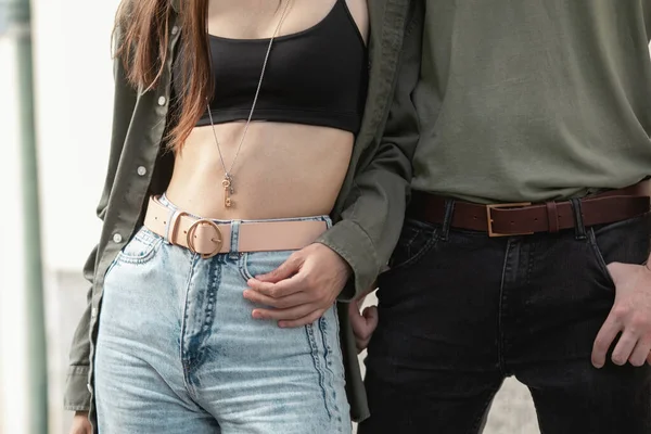 Close Portrait Couple Men Woman Fashion Leather Belts Jeans Casual — Foto de Stock