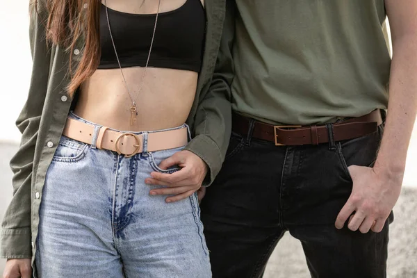Close Portrait Couple Men Woman Fashion Leather Belts Jeans Casual — Foto de Stock