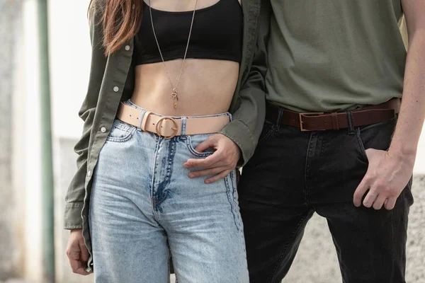 Close Portrait Couple Men Woman Fashion Leather Belts Jeans Casual — Φωτογραφία Αρχείου