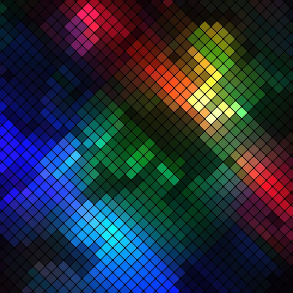 Abstrakte geometrische mehrfarbige Hintergrund bestehend aus quadratischen Elementen mit abgerundeten Ecken, die auf einem schwarzen Hintergrund platziert ist — Stockvektor