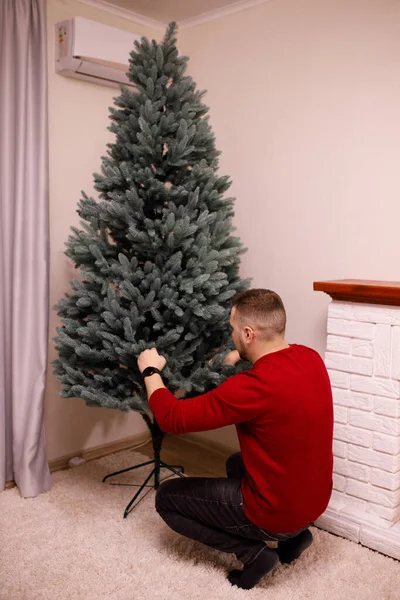 Hombre Suéter Rojo Establece Hermoso Árbol Año Nuevo Artificial Verde —  Fotos de Stock