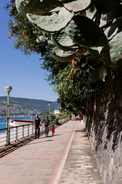 Herceg Novi, Karadağ - 15.09.202: Adriyatik kıyı şeridi üzerinde, Akdeniz manzarası güneşli bir günde Kotor Körfezi 'nde yürüyen insanlar. Ünlü turizm, eğlence ve hafta sonu konsepti