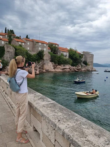 Sveti Stefan Montenegro September 2021 Woman Makes Photos Nature Summer — 스톡 사진