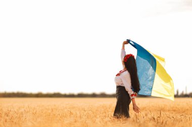 Genç güzel kız bayrak tutuyor ve Ukrayna ulusal işlenmiş kırmızı çelenkli gömleğini giyerek sahada zaferi bekliyor. Ukrayna 'nın bağımsızlığı, özgürlüğü ve savaşı durdurma kavramı. Kelimelerle barış
