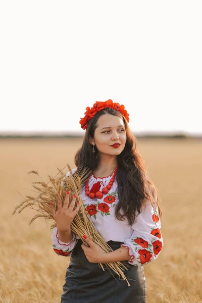 Ung Flicka Fältet Bär Ukrainska Nationella Broderad Skjorta Med Röd — Stockfoto