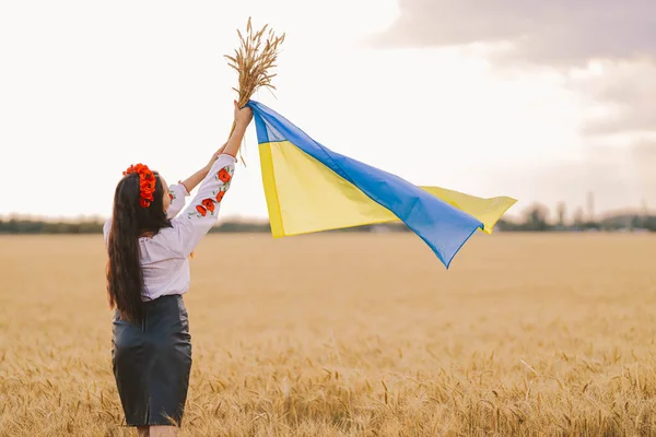 Ung Flicka Väntar Seger Fältet Bär Ukrainska Nationella Broderad Skjorta — Stockfoto