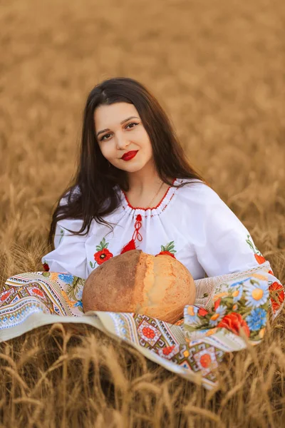 Молодая Девушка Находится Пшеничном Поле Украинской Национальной Вышитой Рубашке Держит — стоковое фото