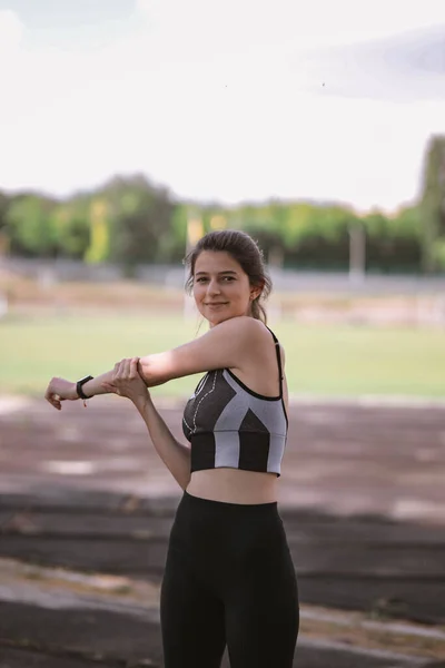 Caucasian Beautiful Girl Athlete Dressed Sportswear Fitness Tracker Stretching Doing — стоковое фото