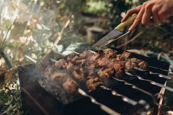 Man Knife Fork Checking Juicy Medium Rare Roasted Hot Kebab — Fotografia de Stock