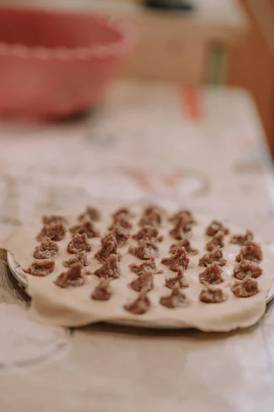 Uncooked Homemade Pelmeni Step Step Process Making Home Made Raw — Fotografie, imagine de stoc