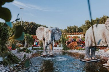 Dubai, BAE - 15 Nisan 2021 Dubai mucizevi bahçesi güneşli bir günde 45 milyondan fazla çiçekle Birleşik Arap Emirlikleri. Taş filli çeşmeler. Yeşillikten yapılmış heykeller.  