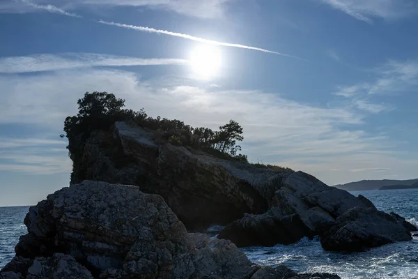 Coastline scenery View from Exotic beach Sveti Nikola island, budva riviera. the main excursion site Montenegro, Adriatic sea, Europe. Paradise beach on an island in the sea. High quality phot