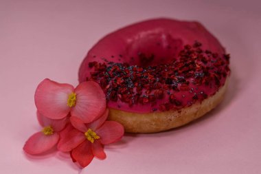 Pembe buzlu çörek ve renkli serpinti, haşhaş tohumu ve pembe arka planda yenilebilir begonya çiçekli ahududu. Lezzetli, yağlı, yüksek kalorili tatlı yiyecekler. Seçici Odaklanma
