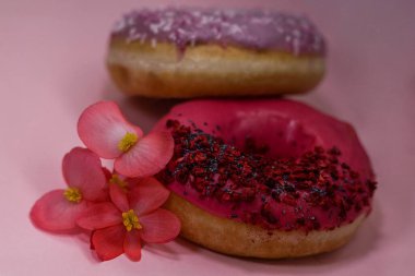 Pembe ve menekşe aromalı çörekler ve pembe begonya yapraklı haşhaş tohumu ve kuru ahududu ile renklendirilmiş serpiştirilmiş. Lezzetli, yağlı, yüksek kalorili tatlı yiyecekler. Seçici Odaklanma