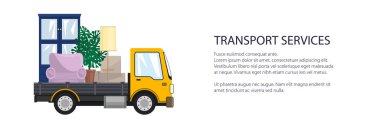 Sarı nakliye kamyonu mobilya, ulaşım ve kargo taşıma hizmetleri ve lojistik afiş, vektör illüstrasyon