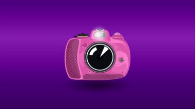 Pink beautiful cute instant print camera on a gradient purple violet background ,the camera rotates and flashes intermittently, HD Video Animation Footage
