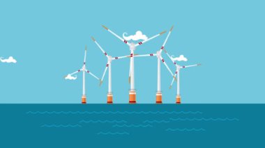 Denizde rüzgar türbinleri, deniz açıklarında yatay eksen yel değirmeni, açık deniz rüzgar çiftliği, sürdürülebilir yenilenebilir enerji, HD video animasyon görüntüleri.