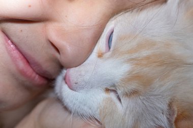 Beyaz bir kedi ve gülümseyen bir kız yüzü. Bir kızın yüzü ve bir kedinin ağızlık parçası. İnsanlar ve hayvanlar kavramı. Yakın plan..