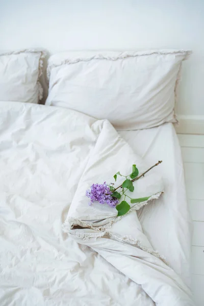 Bed Beautiful White Crumpled Linenlinens White Bedroom Lilac Flowers Working — Stock Photo, Image