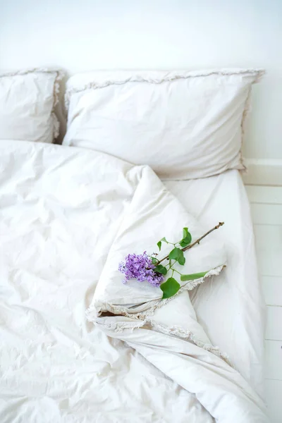 白い寝室とライラックの花で美しい白いしわのリネンとベッド 職場は自宅からベッドの上でリモートで動作します 遠隔オンライン教育と仕事 — ストック写真