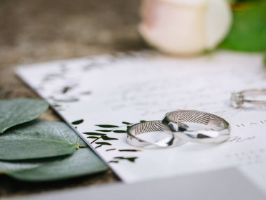 wedding silver engagement rings with fingerprint engraving inside. Lying on paper with calligraphy. nearby eucalyptus leaves