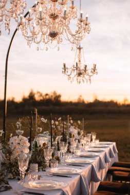 The delicate decor of the wedding banquet table is in pastel colors. Wildflowers, crystal glassware, candles. crystal chandelier on top, illuminating the table. Rays of the setting sun.