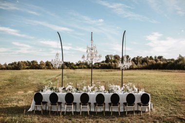 The delicate decor of the wedding banquet table is in pastel colors. Wildflowers, crystal glassware, candles. crystal chandelier on top, illuminating the table.