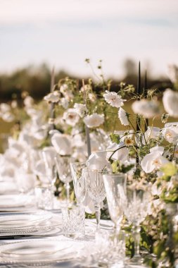 Decor for a wedding ceremony in a picturesque meadow. Wildflowers, crystal glasses, crystal plates, beautiful wedding tableware