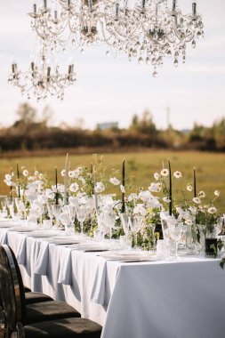 The delicate decor of the wedding banquet table is in pastel colors. Wildflowers, crystal glassware, candles. crystal chandelier on top, illuminating the table.