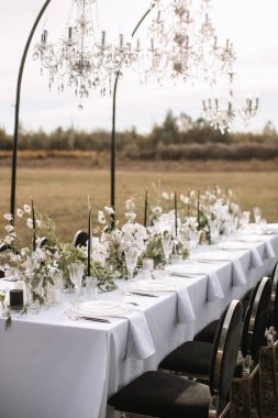 The delicate decor of the wedding banquet table is in pastel colors. Wildflowers, crystal glassware, candles. crystal chandelier on top, illuminating the table.