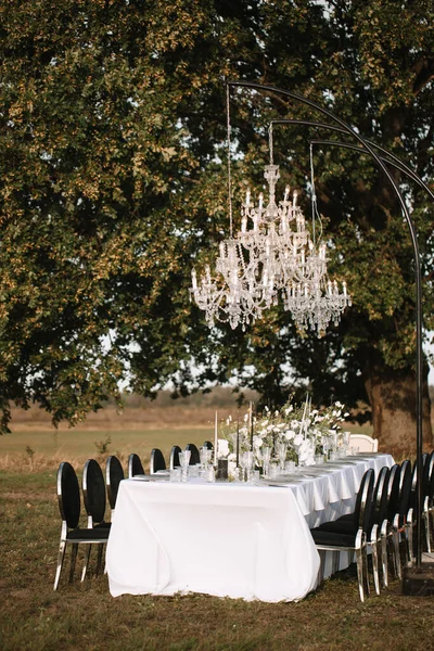 The delicate decor of the wedding banquet table is in pastel colors. Wildflowers, crystal glassware, candles. Against the background of a large tree, a crystal chandelier on top, illuminating the table.