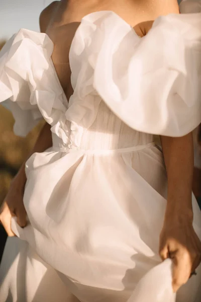Bride White Airy Wedding Dress Deep Neckline Holds Mean Dress Fotografia Stock