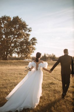 The bride and groom walk holding hands in the rays of the setting sun view from the back. Bride in a flowing white dress.