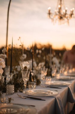 The delicate decor of the wedding banquet table is in pastel colors. Wildflowers, crystal glassware, candles. crystal chandelier on top, illuminating the table. Rays of the setting sun.