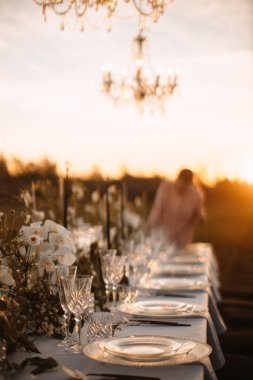 The delicate decor of the wedding banquet table is in pastel colors. Wildflowers, crystal glassware, candles. crystal chandelier on top, illuminating the table. Rays of the setting sun.