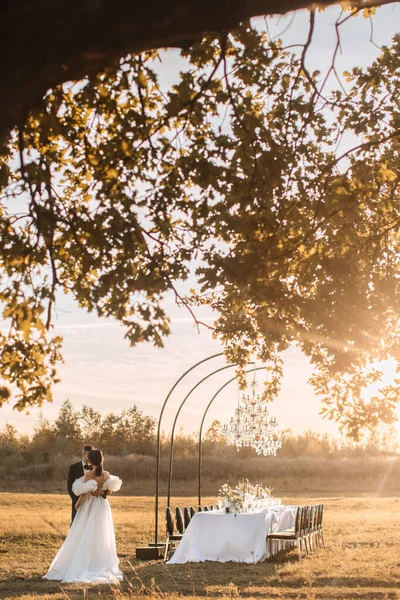 Bride Groom Kiss Field Rays Setting Sun Backdrop Banquet Table — Foto Stock