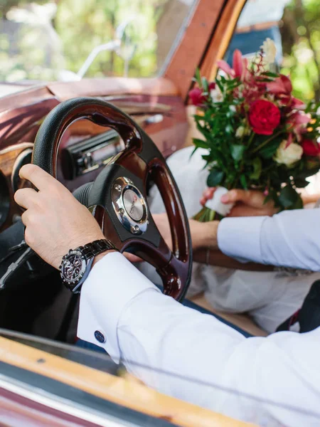 Groom Black Watch Keeps His Hand Brown Leather Steering Wheel — Foto Stock